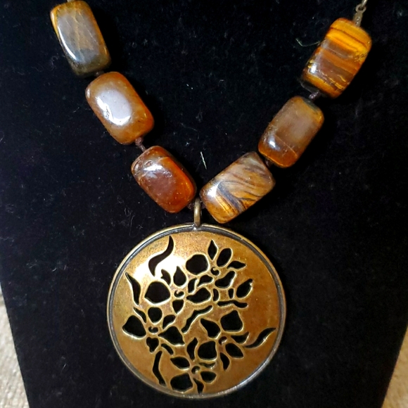 Tiger Eye, Leather, & Bronze Necklace/Earring Set - Picture 2 of 5